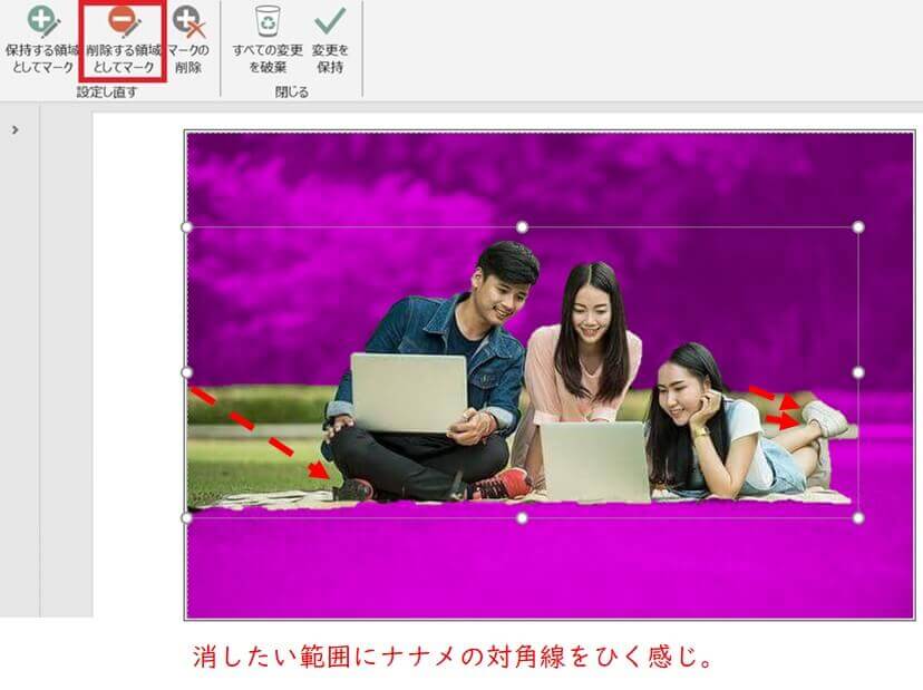 パワポ　背景の削除機能　削除する領域としてマーク